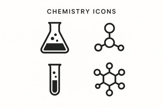 Chemistry icons with flasks, molecules, and test tubes on a white background