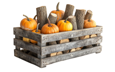 Cozy fall arrangement showing rustic crate with firewood and small pumpkins highlighting natural beauty isolated on transparent background PNG