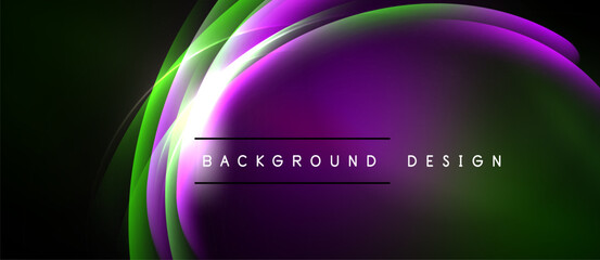 Abstract vibrant curves, purple, green hues. Modern design element, smooth gradients, dark background. Text reads background design.