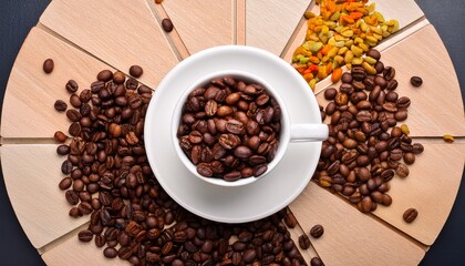 Fototapeta premium Specialty Coffee Concept Roasted Coffee Beans In White Cup On Taster S Flavor Wheel Top View