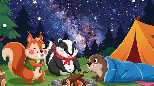 Cartoon animals around campfire under night sky with full moon