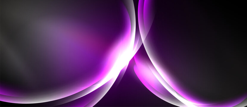 Abstract purple waves, smooth gradients, bright highlights. Minimalist design creates dynamic visual impact. Dark background emphasizes luminosity.
