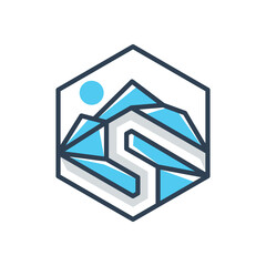 Geometric mountain with abstract letter S in flat vector design style