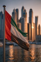 Naklejka premium UAE Flag Waving Against the Backdrop of Dubai Skyline at Sunset