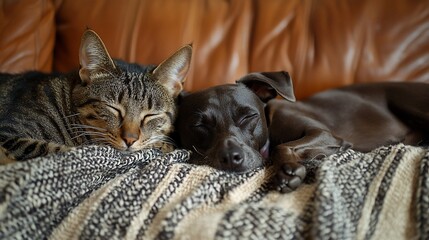 A tabby cat and a small dog sleep peacefully together on a cozy blanket