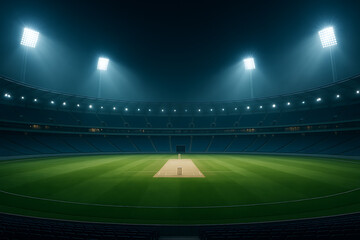 Illuminated Cricket Stadium at Night with Green Pitch