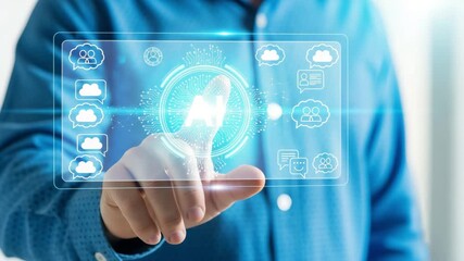 Hand touching a futuristic interface with ai and communication icons motion animated video 4k - Powered by Adobe