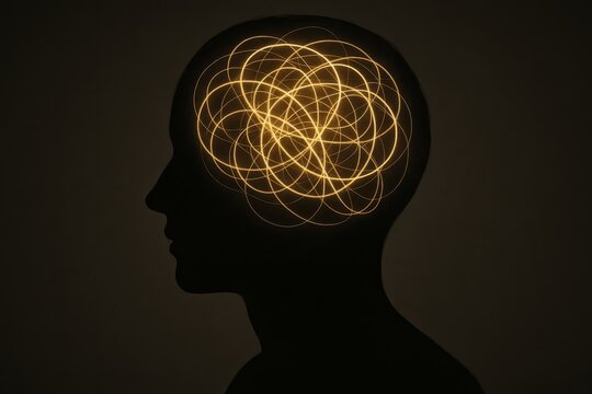Silhouette head with glowing tangled lines symbolizing overthinking, anxiety, and brain activity&mdash;abstract mental health concept.