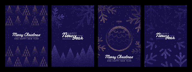 Four vector greeting card designs with dot pattern illustration of Christmas trees, snowflakes, and ornaments, for Holiday celebration.