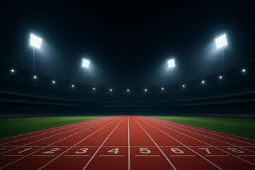 Running track stadium with bright lights and empty lanes at night