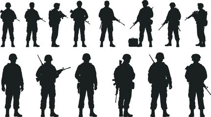 Collection of Black Silhouettes of Soldiers with Rifles and Gear military