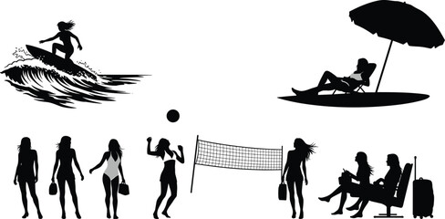 Collection of black silhouettes of women enjoying beach activities and travel woman