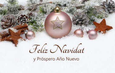 Tarjeta navideña con felicitaciones de Año Nuevo: Decoración navideña con ramas de abeto y bolas navideñas rosas sobre un fondo invernal con el texto "Feliz Navidad y próspero Año Nuevo". © Racamani