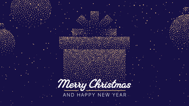 Christmas holiday gift box festive greeting card with golden dots texture and text. Merry Christmas and Happy New Year wishes.