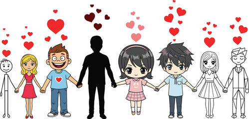 Diverse group of cartoon people holding hands with red hearts floating above stick figure
