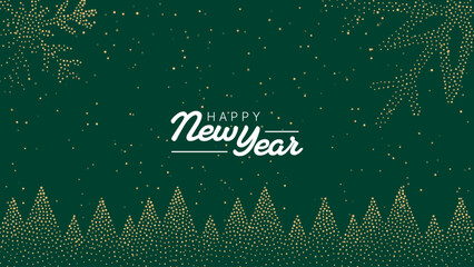 Happy New Year typography on a festive green background with golden dotted pine tree branches and winter scene. Holiday greeting card design. © hiten666