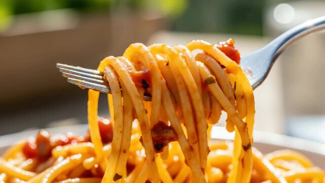 Closeup of spaghetti with tomato sauce on a fork in bright sunlight