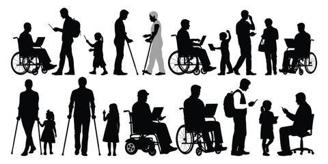 Diverse people silhouettes using technology and mobility aids diversity laptop