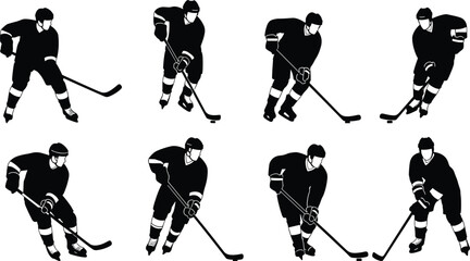 Fototapeta premium Eight Black Silhouettes of Hockey Players in Various Poses on White Background ice hockey
