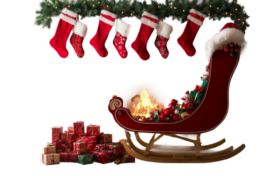 Santas sleigh resting beside a warm glowing fireplace in a cozy festive holiday living room isolated on transparent background PNG