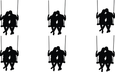Silhouettes of couples on swings in a repeating pattern love romance