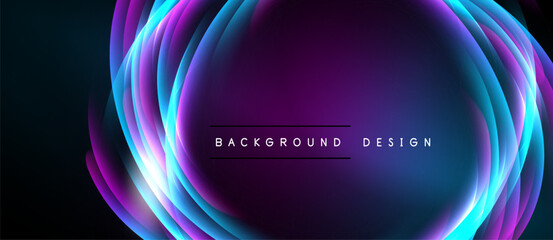 Abstract vibrant layers create glowing effect. Dark background emphasizes bright circular design, text present.