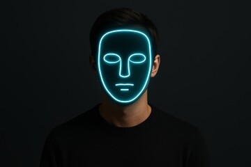 Hooded figure with glowing neon digital mask, symbolizing hackers, online anonymity and modern cyber security threats.