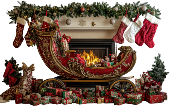 Traditional Christmas sleigh placed indoors near a crackling fire creating a magical seasonal atmosphere isolated on transparent background PNG