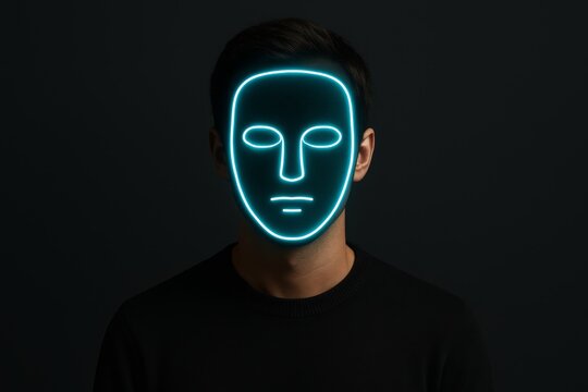 Hooded figure with glowing neon digital mask, symbolizing hackers, online anonymity and modern cyber security threats. - Powered by Adobe