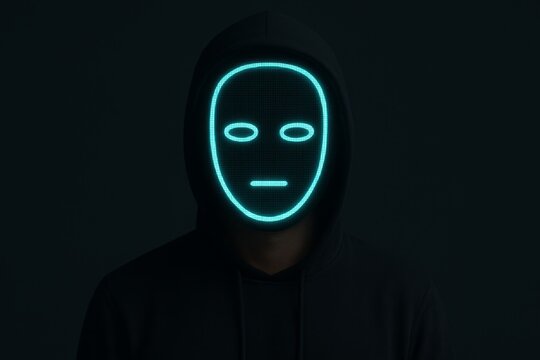 Hooded figure with glowing neon digital mask, symbolizing hackers, online anonymity and modern cyber security threats. - Powered by Adobe
