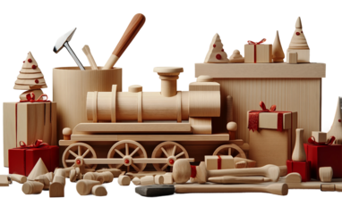 Busy Christmas workshop scene showing toys in progress and woodworking tools arranged in a festive workspace isolated on transparent background PNG