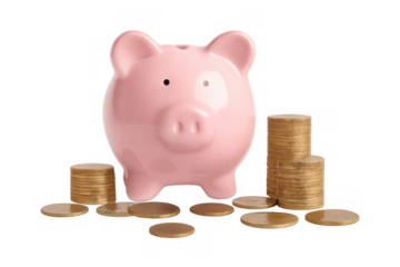 Pink ceramic piggy bank standing with golden coin stacks and scattered currency, representing financial planning and wealth management