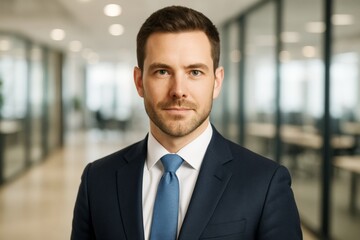 Confident businessman in a suit looking directly at the camera in a modern office