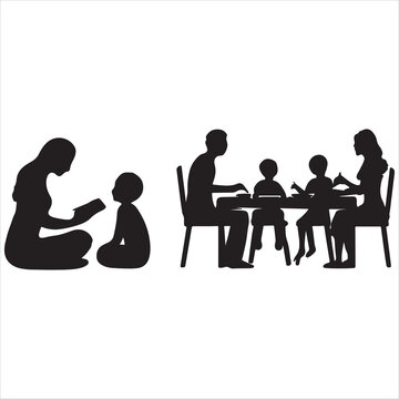 Silhouettes of a mother reading to her child on the floor and a family of four, including parents and two children, sitting around a table for a meal or activity, depicting family life and education