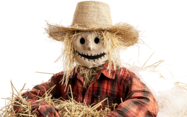 Autumn scarecrow wearing a flannel shirt and straw hat standing among vibrant seasonal harvest decorations isolated on transparent background PNG
