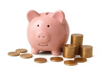 Pink ceramic piggy bank sitting next to stacks of golden coins, representing savings, investment, and financial growth on a transparent background