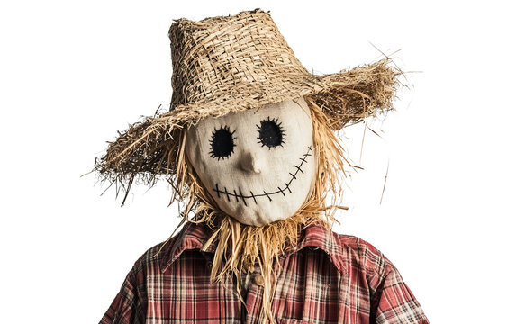 Traditional farm scarecrow dressed in seasonal attire featuring a straw hat and detailed stitched features isolated on transparent background PNG