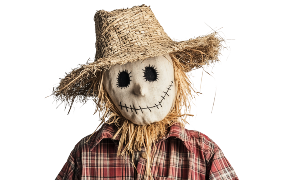 Traditional farm scarecrow dressed in seasonal attire featuring a straw hat and detailed stitched features isolated on transparent background PNG