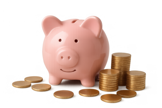 Pink ceramic piggy bank sitting next to stacks of golden coins, representing savings, investment, and financial growth on a transparent background