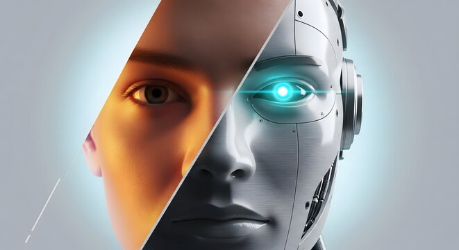 Half human face and half robot face split diagonally, representing artificial intelligence, technology, cyborg concept, and synthetic future.