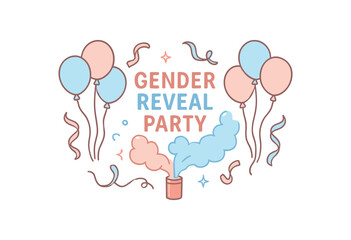 flat vector outline illustration of gender reveal party with balloons smoke and ribbons clean modern vector style soft tones isolated on white background