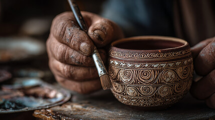 “Decorating a clay mug with classic earthenware patterns after oven firing.”

