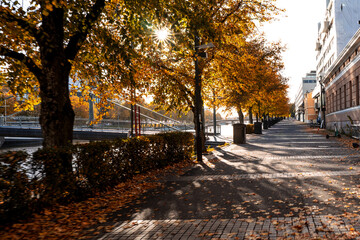 Rantakatu Street and Aura River Embankment in Turku, Finland, During Golden Autumn.