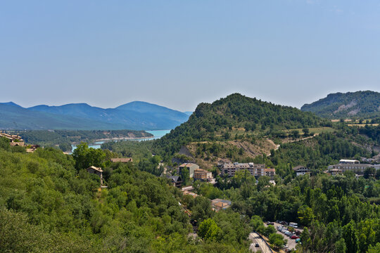 Ainsa village and Mediano reservoir panorama