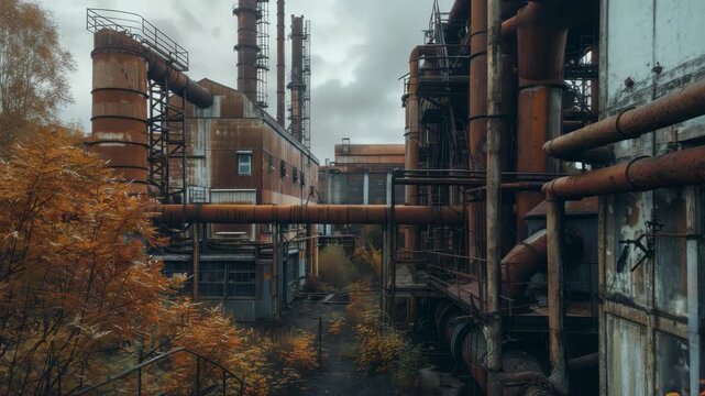 Abandoned Industrial Factory with Rusted Pipes and Overgrown Plants
