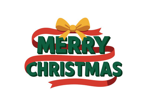 Flat vector illustration with text MERRY CHRISTMAS bold 3D text wrapped with red ribbon and golden bow isolated on white background festive flat vector banner style