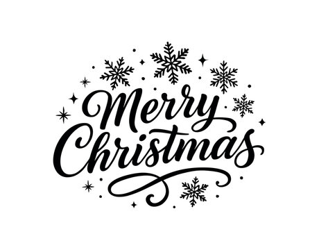 Vector lettering composition with text Merry Christmas elegant calligraphic script with snowflakes and small stars curved composition isolated on white background festive holiday vector
