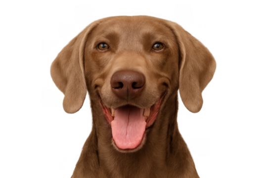 Weimaraner dog smiling widely, panting with tongue out, looking at camera on transparent background