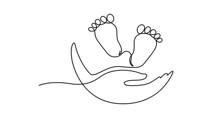 Continuous line drawing of a baby's feet and hands isolated on white background