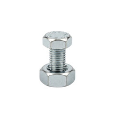 Metal hex bolt and nut assembled together isolated on transparent background